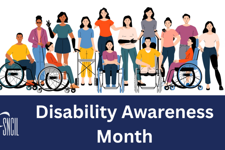 Illustration of people with a variety of disabilitis; Disability Awareness Month