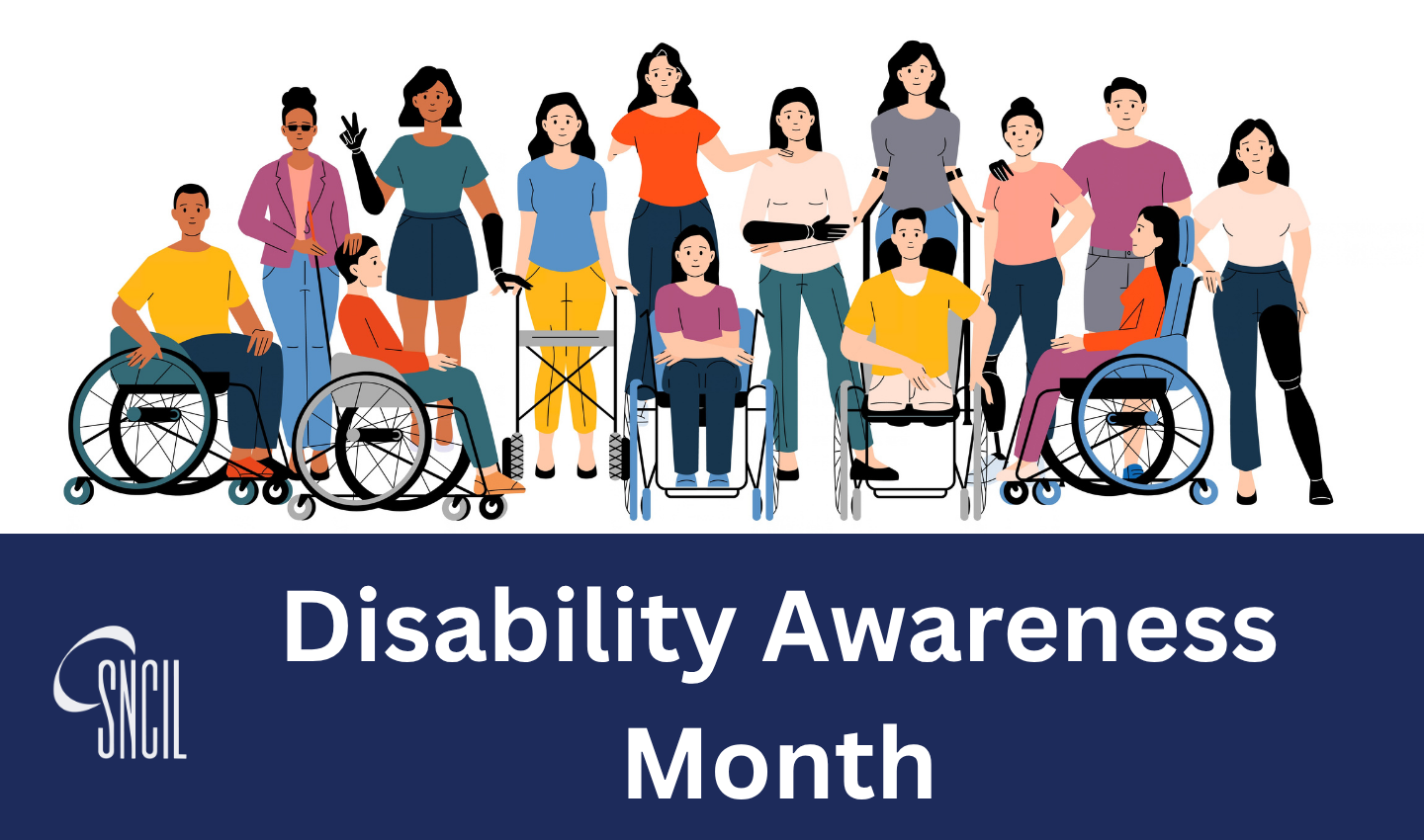 Illustration of people with a variety of disabilitis; Disability Awareness Month